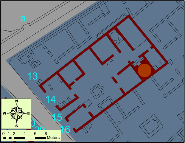 V.1.14.15.16 Pompeii. Private House incorporating bakery
Plan